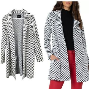 Liverpool Open Front Checkered Cardigan Coat White Black Cozy Lounge XS Oversize